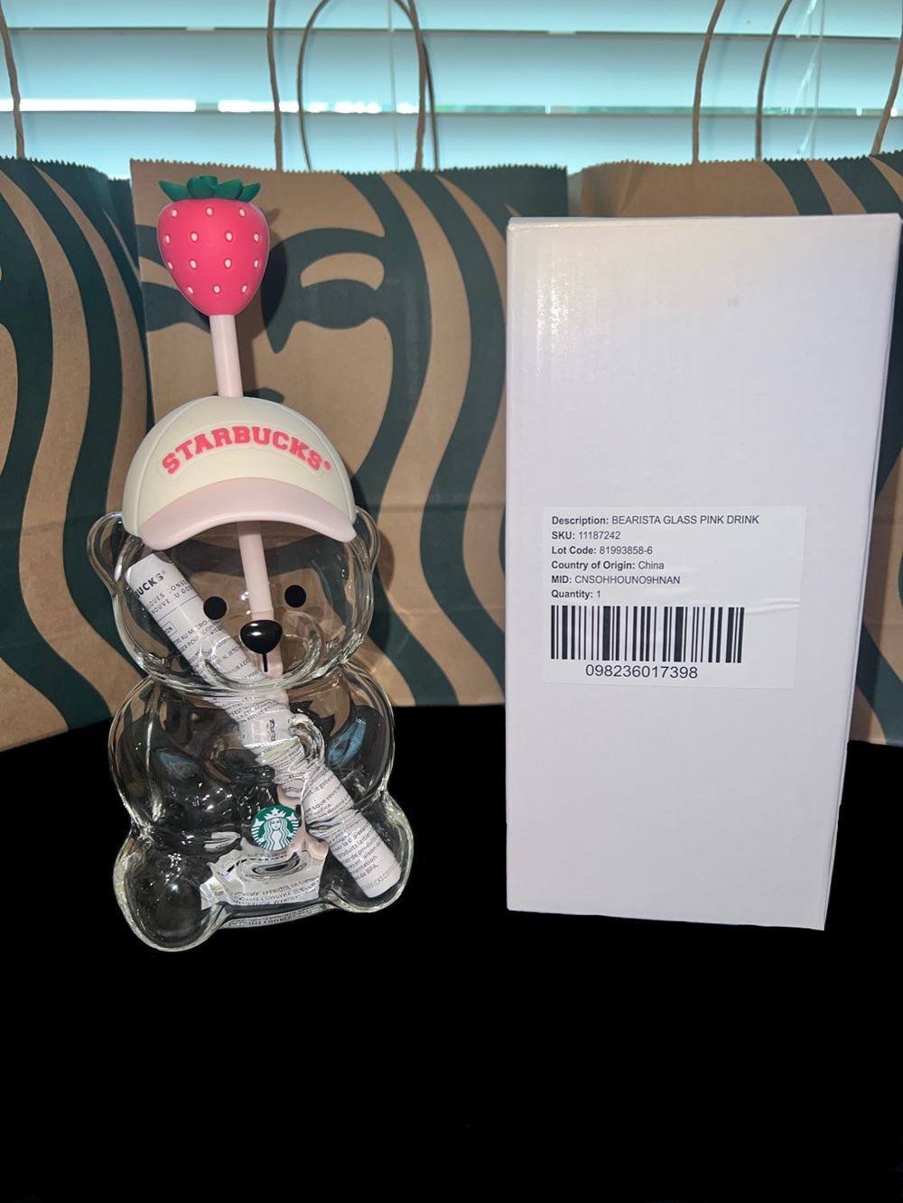 New! Starbucks Bearista Glass Tumbler + Pink Drink Strawberry Straw Topper